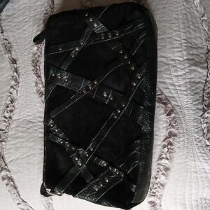 DonaldJ.Pliner#SuedeLeatherBlkClutch, Stud Accents,VibrantPinkLining&Leather